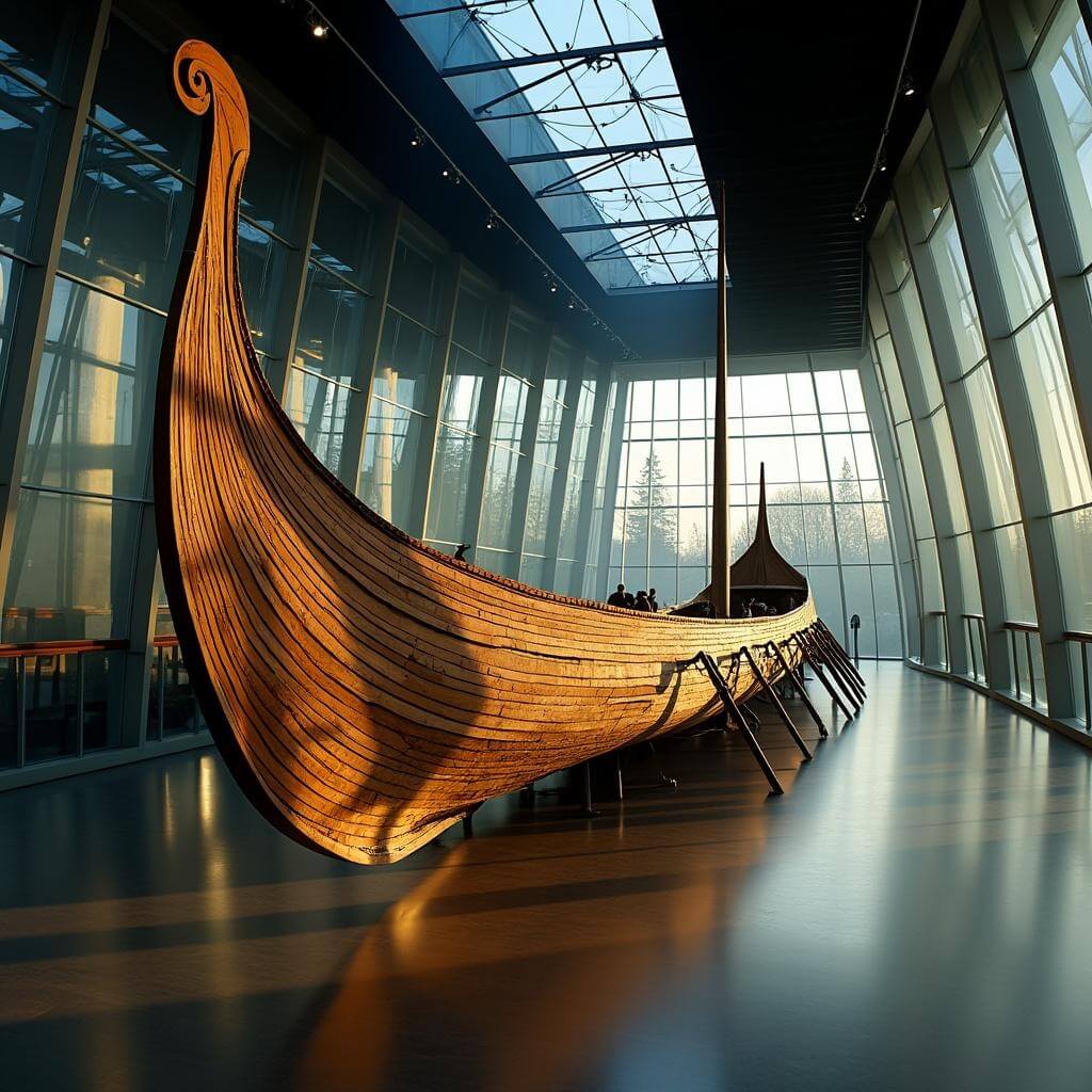Massive wooden Viking ship showcased in a modern glass-walled museum with dramatic lighting and shadows enhancing its intricate craftsmanship