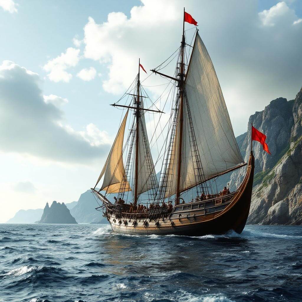 Viking ship sailing on open water with a rocky coastline in the distance, under soft natural lighting
