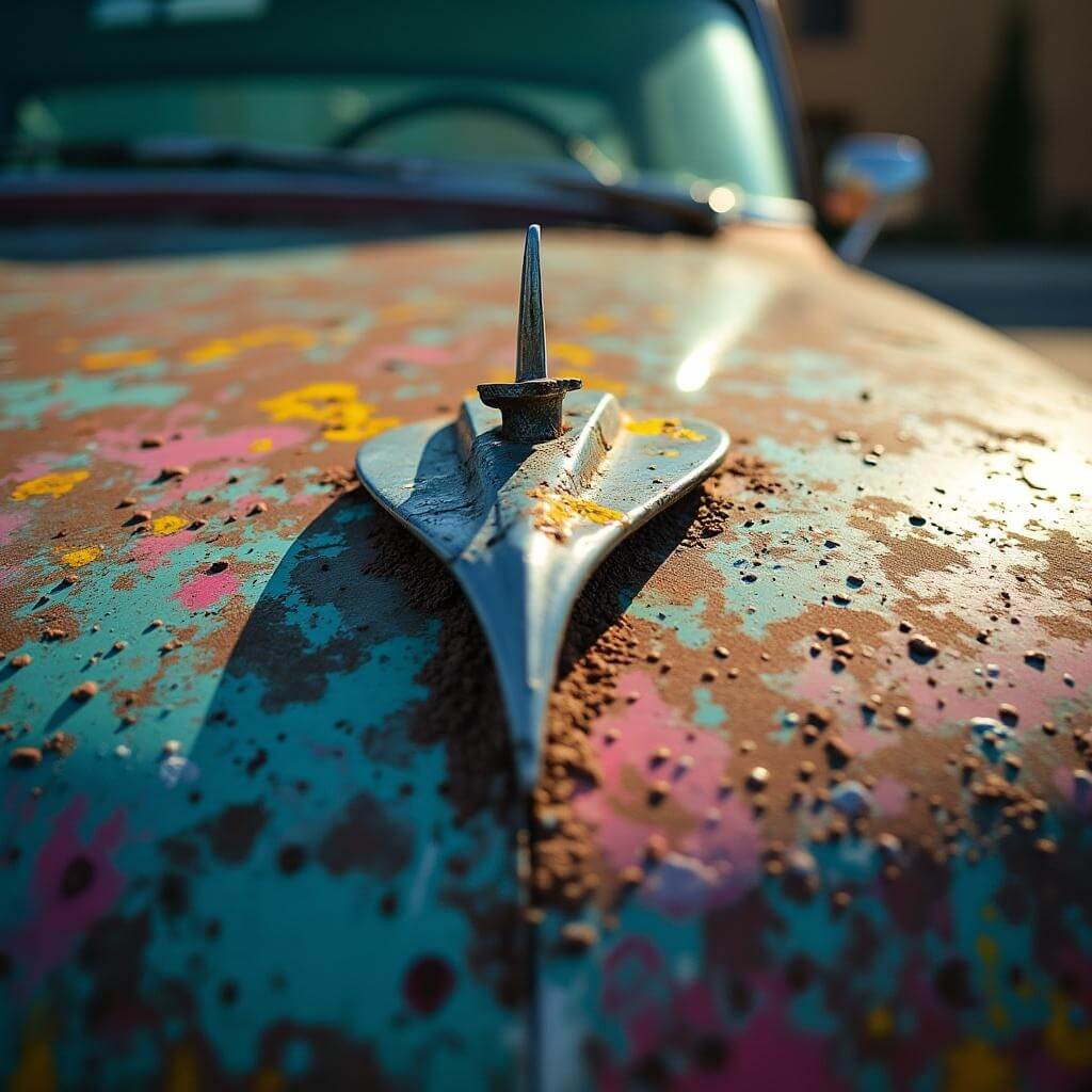Close-up of colorful graffiti layers on a Cadillac's fin, illuminated by afternoon sunlight