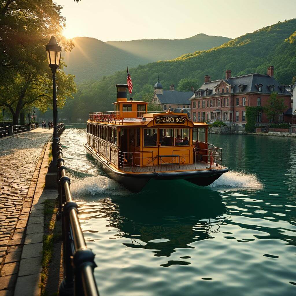 Vintage amphibious duck boat entering a clear lake from a cobblestone street during golden hour, with green hills and historic buildings in the background