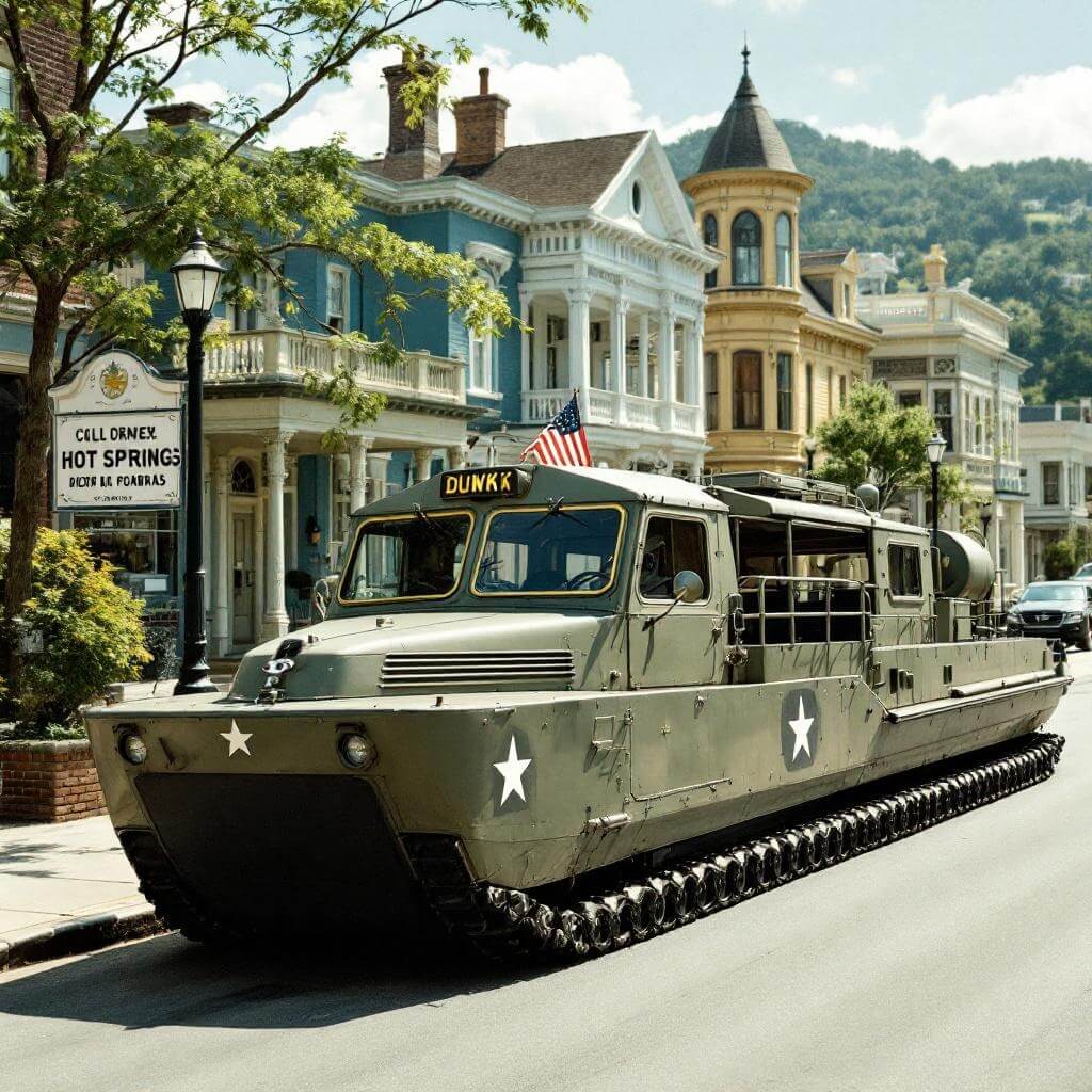 Vintage amphibious DUKW military vehicle parked on a sunny street in Hot Springs, Arkansas, with historic Victorian bathhouses in the background