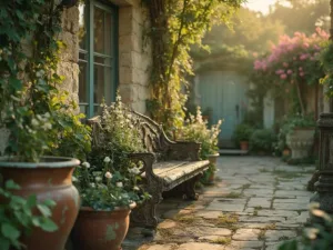 "Vintage garden decor with weathered terracotta pots, antique urns, a wrought iron bench, climbing roses, and sunlight casting dramatic shadows"