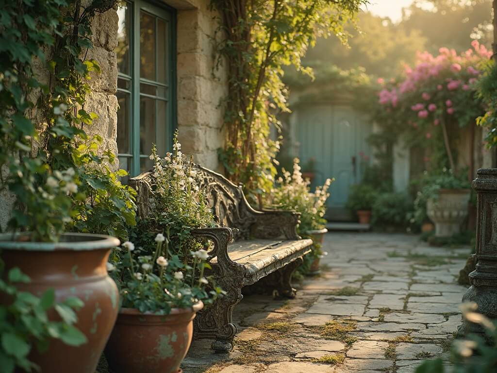 "Vintage garden decor with weathered terracotta pots, antique urns, a wrought iron bench, climbing roses, and sunlight casting dramatic shadows"