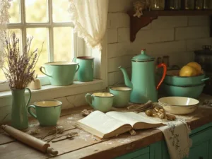 "Vintage kitchen scene with mint green cabinets, brass hardware, and enamelware on a rustic wood counter in warm sunlight"