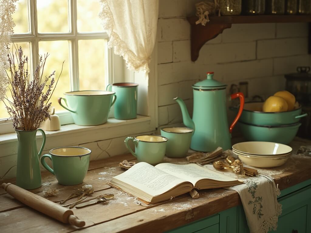 "Vintage kitchen scene with mint green cabinets, brass hardware, and enamelware on a rustic wood counter in warm sunlight"