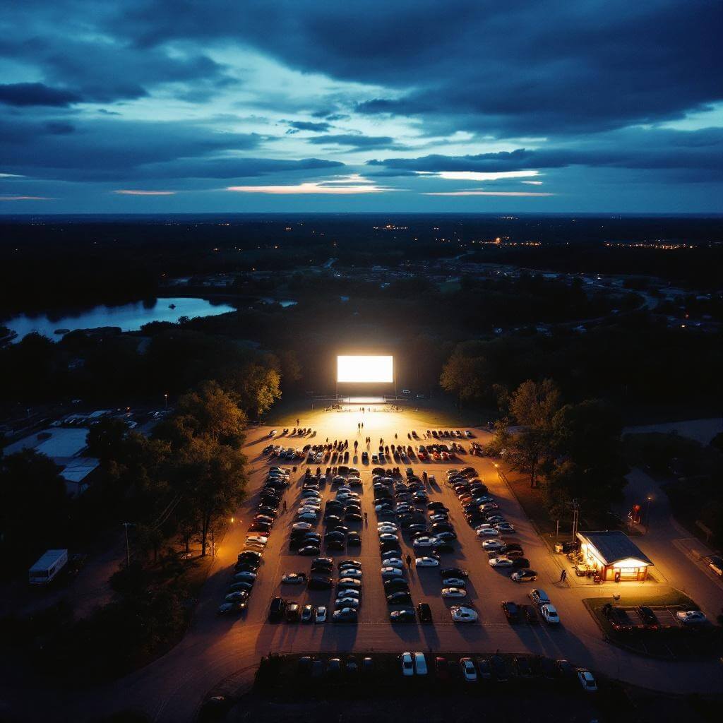 Aerial view of a Midwest drive-in theater at dusk with cars, twinkling lights, concession stands, and illuminated movie screen against a twilight sky