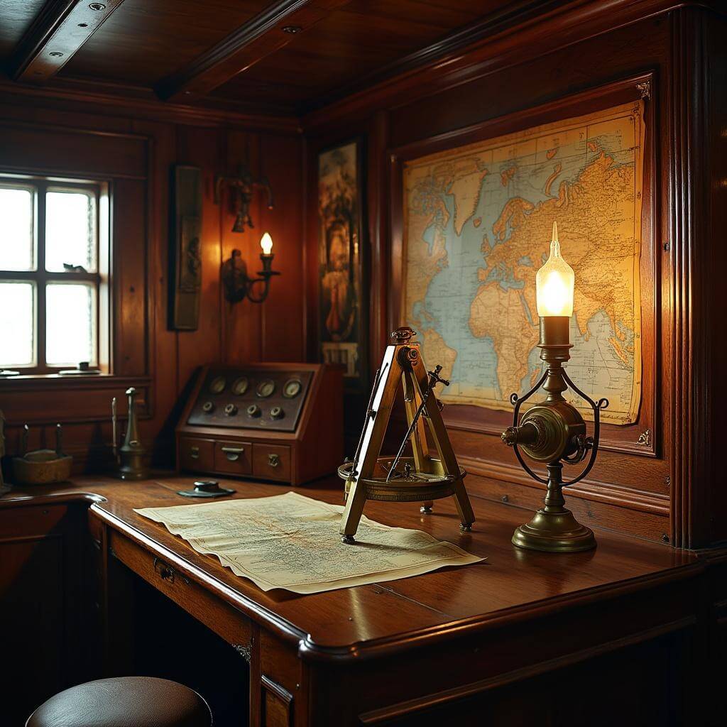 Traditional ship's cabin recreation with burnished wood panels, period-accurate nautical instruments, a brass sextant on a desk, an oil lamp casting warm light, and maps spread on surfaces
