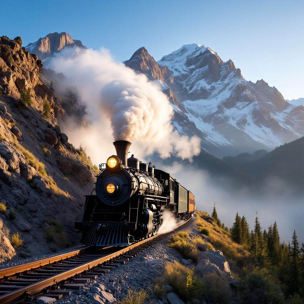 Vintage steam train ascending a steep mountain track in the early morning light with the rugged peaks of the San Juan Mountains and billowing steam in the background