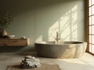 "Wabi Sabi bathroom with granite tub, reclaimed wood vanity, and warm lighting"