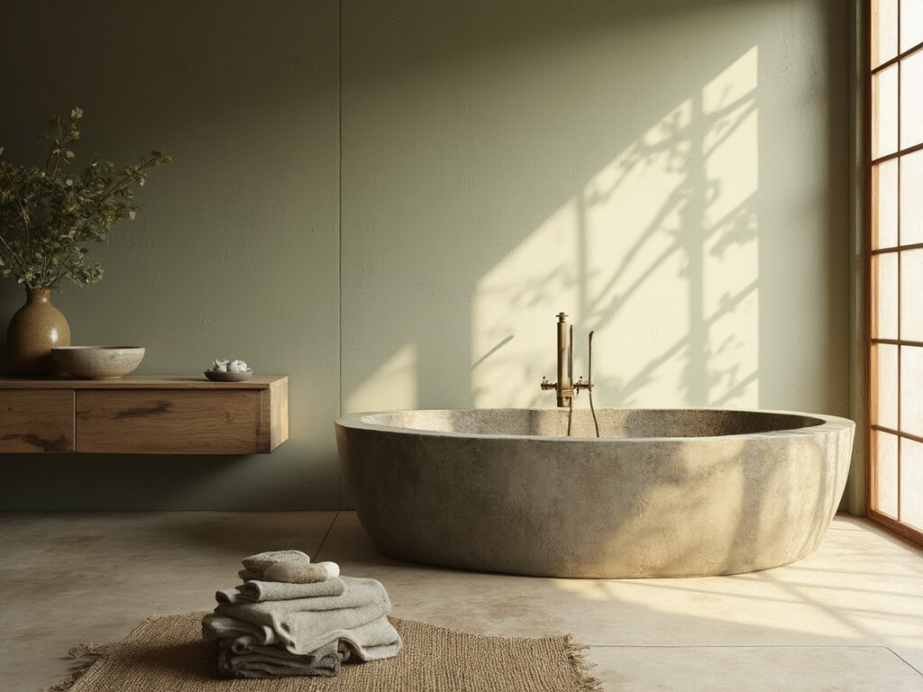 "Wabi Sabi bathroom with granite tub, reclaimed wood vanity, and warm lighting"