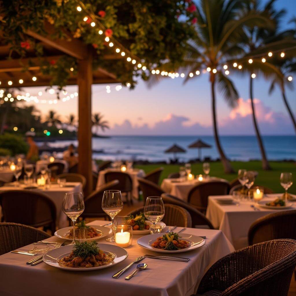 Elegant open-air restaurant in Wailea at dusk with string lights, tropical flowers, ocean view, and farm-to-table dishes on a white-clothed table