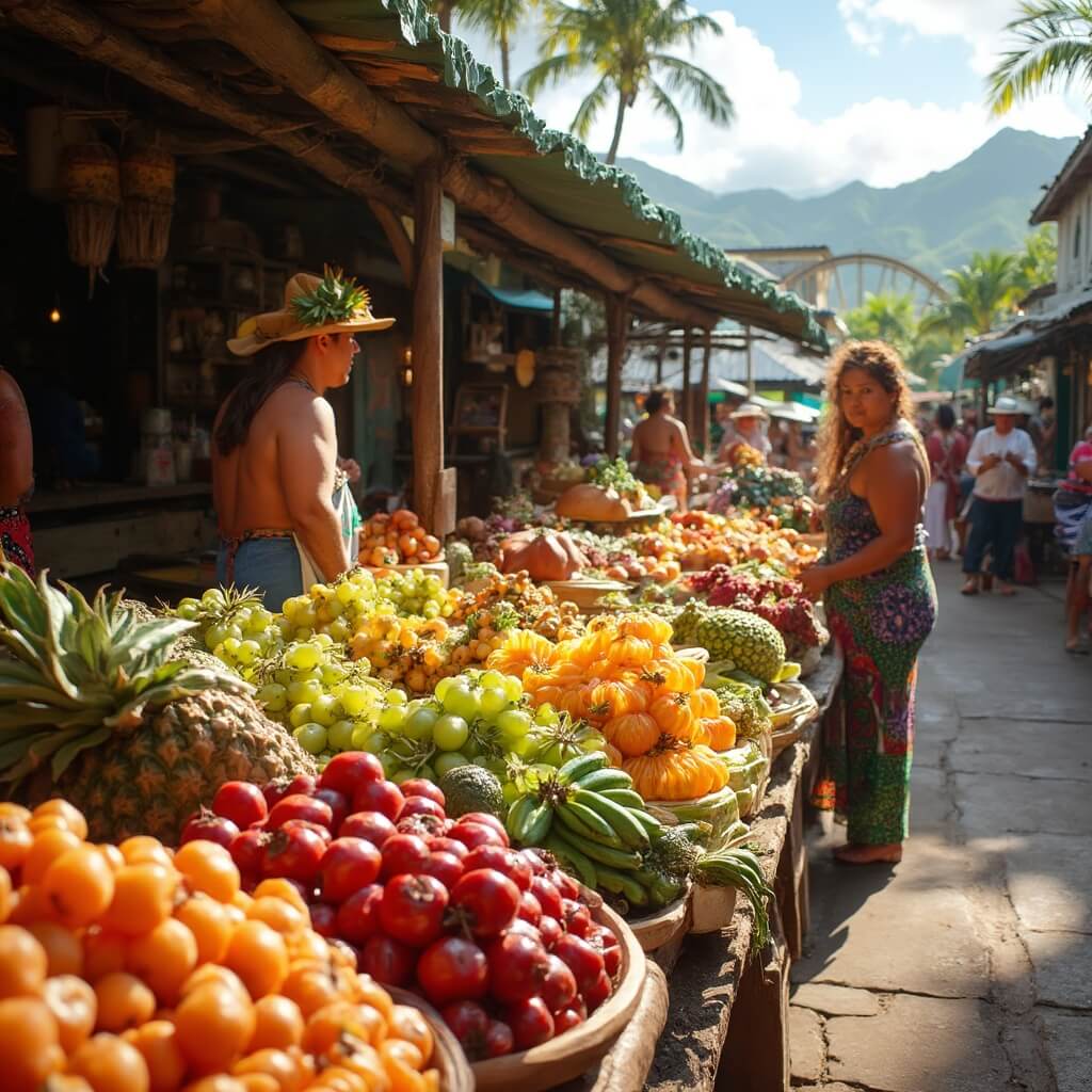 Hawaiian farmers market in Wailuku with colorful fruits and local produce on wooden stands, farmers and artisans in traditional clothing, and Hawaiian architecture and landscape in the background.