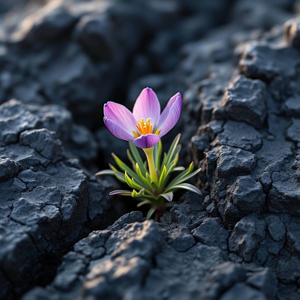 Delicate wildflower emerging from crack in black volcanic rock with textured lava formations in the background in natural morning light.