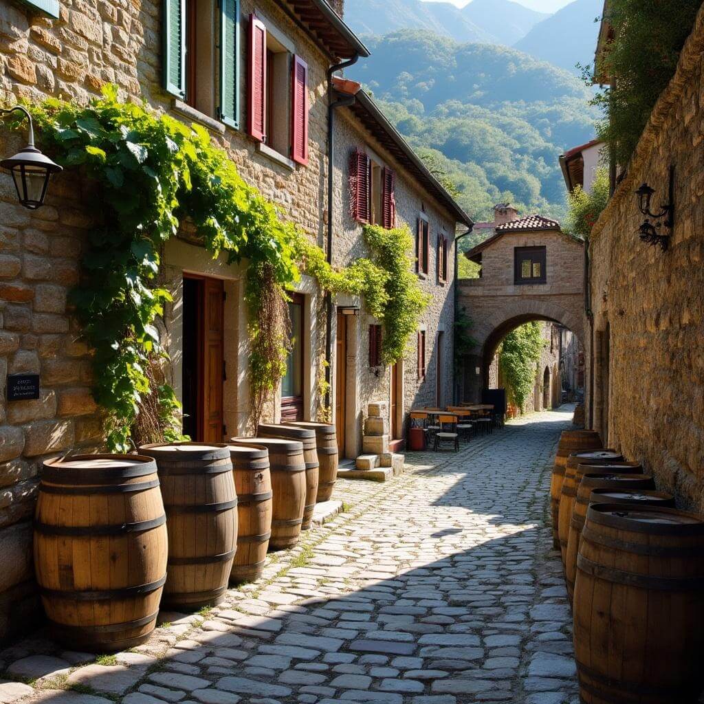 Cobblestone street in a mountain village during wine harvest season, featuring stone buildings with colorful shutters, wooden wine barrels outside a cantina, and grape vines climbing ancient walls