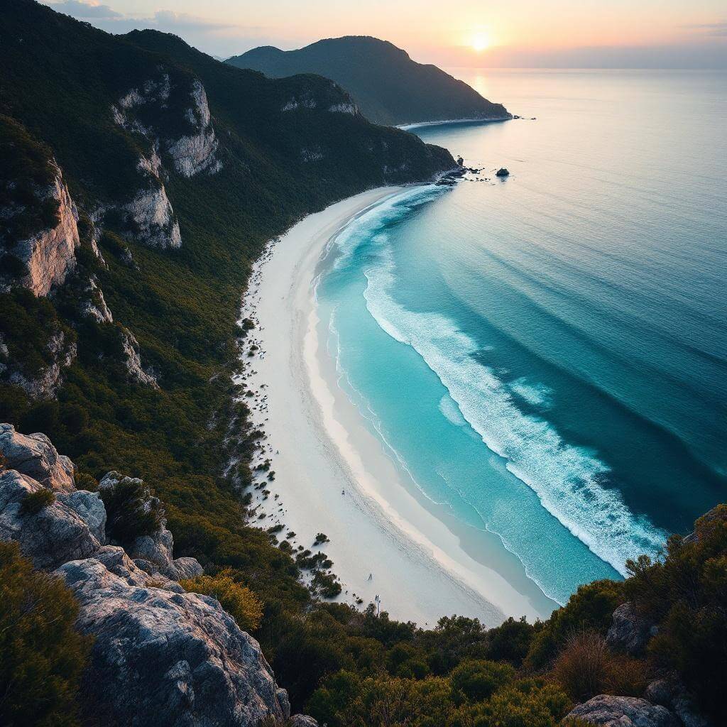 Overhead sunrise view of crescent-shaped Wineglass Bay with white sand, turquoise waters, and lush green forest in Freycinet National Park