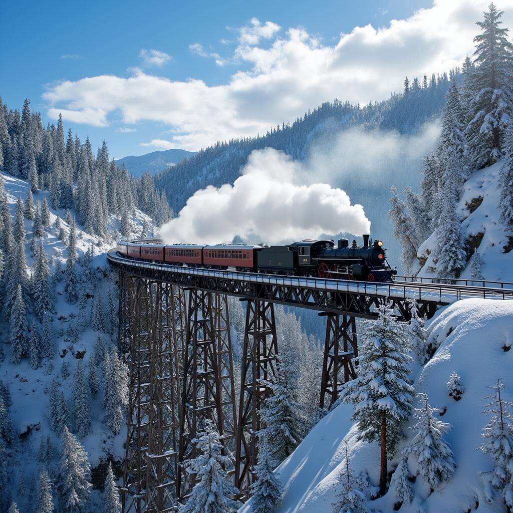 Narrow gauge train crossing a trestle bridge over a snow-filled canyon with steam billowing against a blue Colorado sky and snow-covered pine trees below