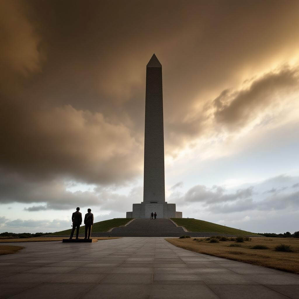 Wright Brothers bronze statues at Kill Devil Hill granite monument, against a dramatic sky backdrop