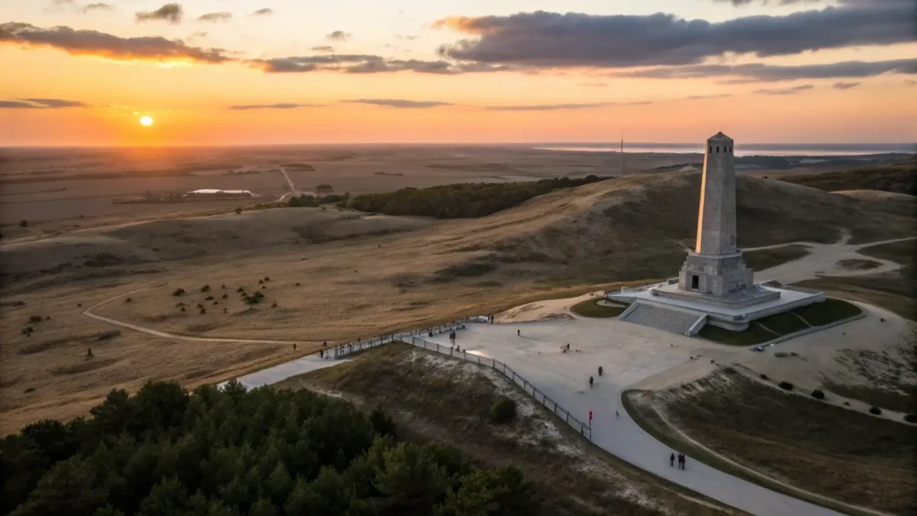"Aerial view of Wright Brothers National Memorial atop Kill Devil Hill, bronze statues, reconstructed launch rail, and American flag at sunset with sand dunes stretching into the distance"