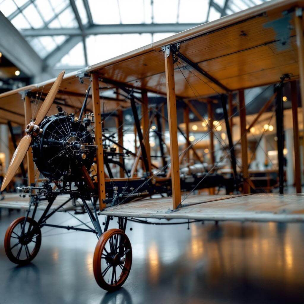 High-resolution close-up of 1903 Wright Flyer replica showcasing intricate engineering details and wooden frame construction, under soft museum lighting