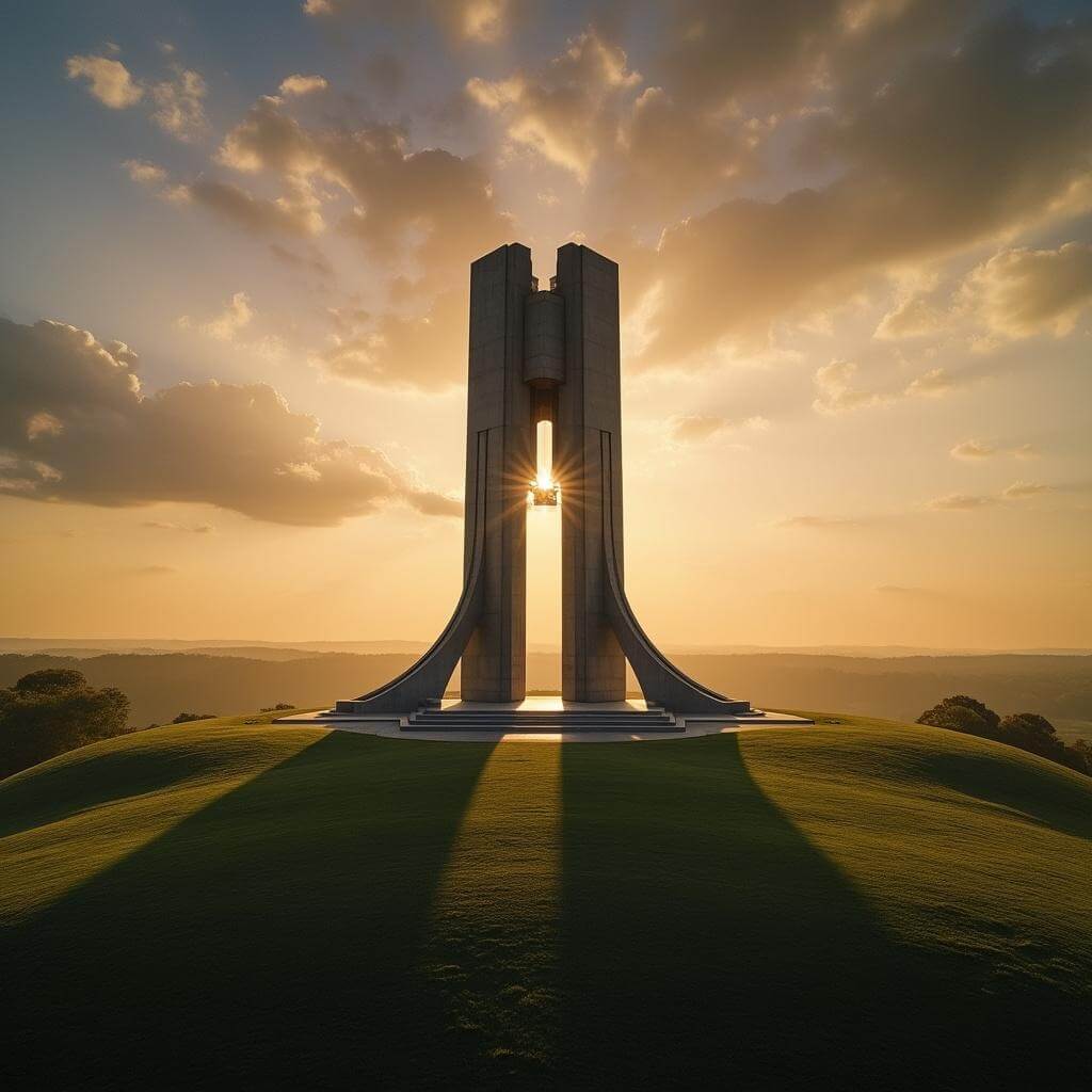 Aerial view of Wright Brothers Memorial at sunset with long shadows over grassy hill