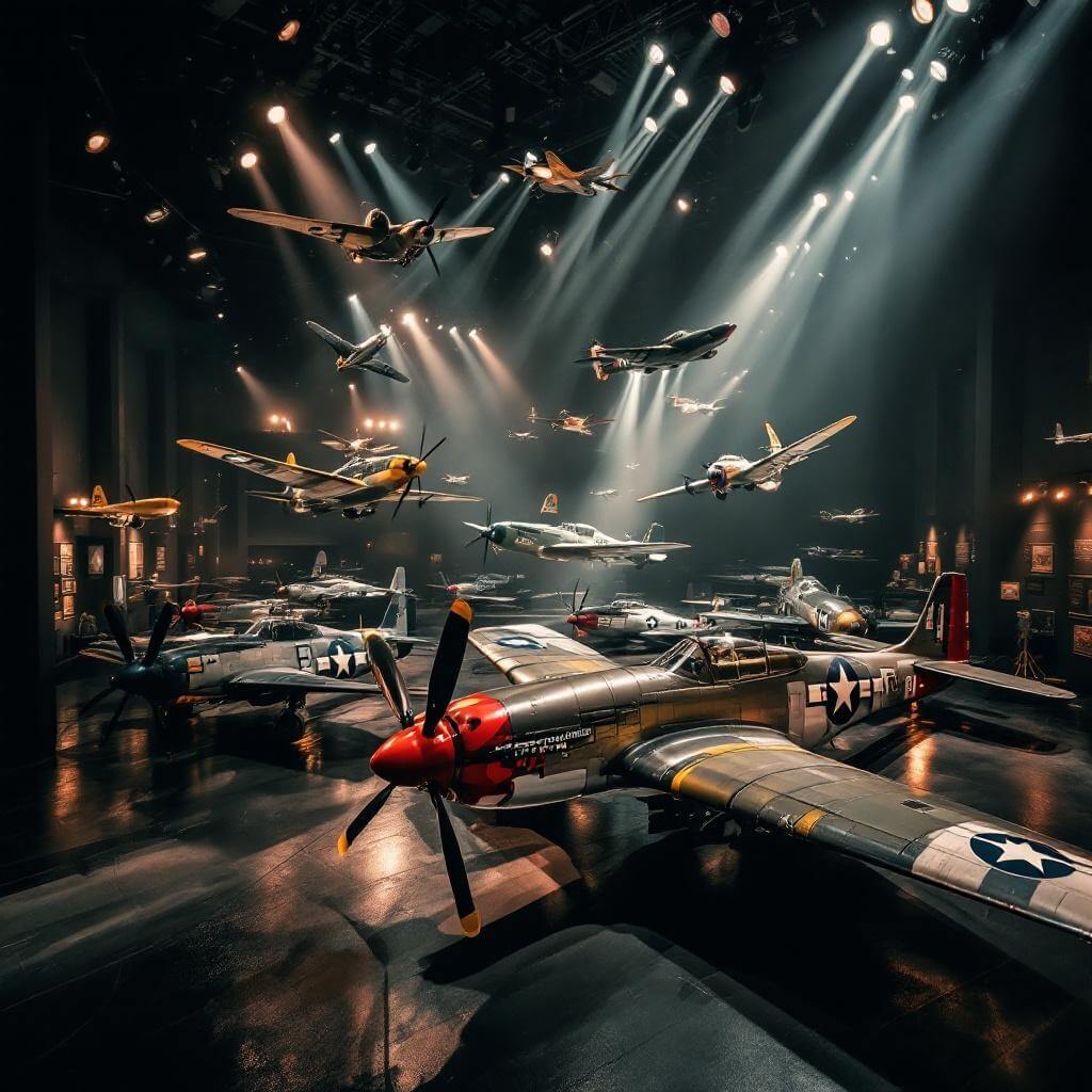 Dramatic display of WWII vintage fighter planes, including P-51 Mustangs and B-17 Flying Fortresses, in a moody lit museum gallery