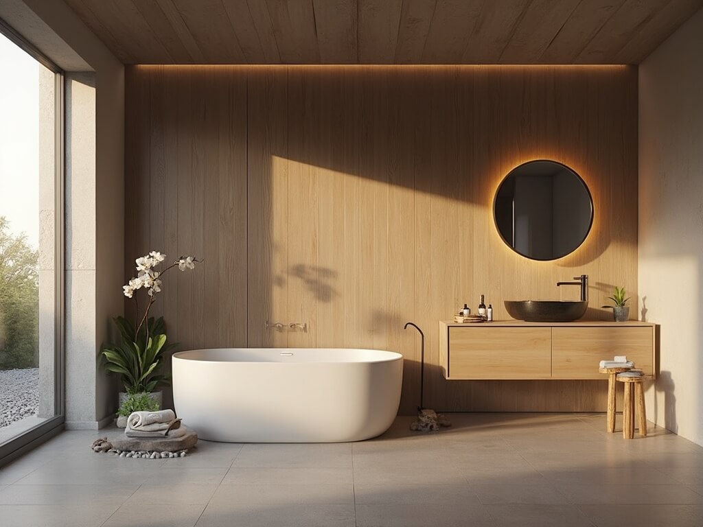 "Zen-inspired bathroom with shou sugi ban wood accent wall, freestanding tub, natural stone tiles, bamboo vanity, and ambient lighting during golden hour"