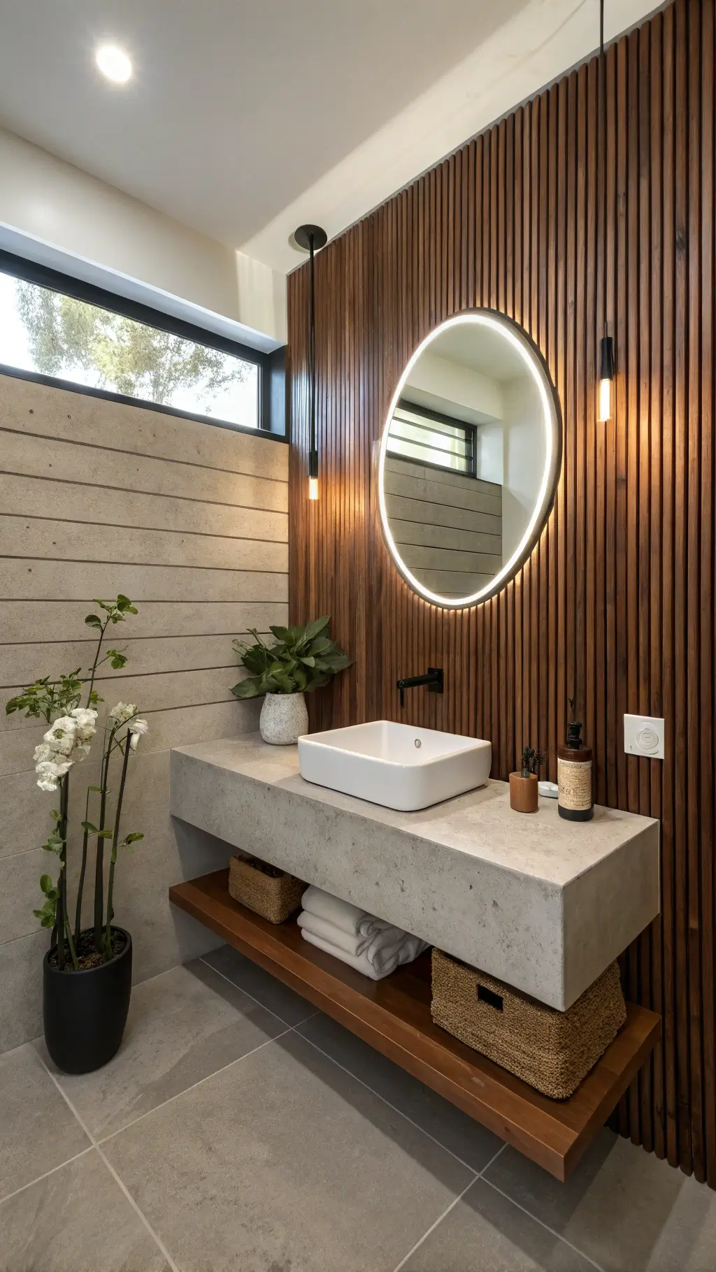 2315midcentury powder room concrete vanity mahogany slats