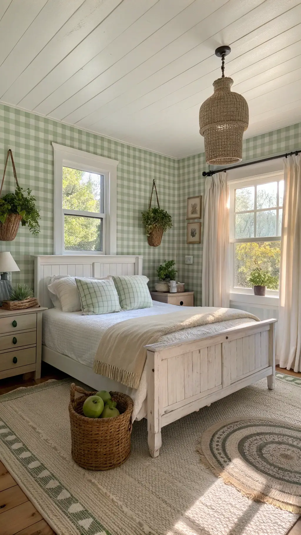 Cozy farmhouse-style bedroom with sage green gingham wallpaper, whitewashed sleigh bed, vintage pillows, galvanized planters on apple crate nightstands, mason jar lights, and green braided rag rug bathed in late afternoon light.