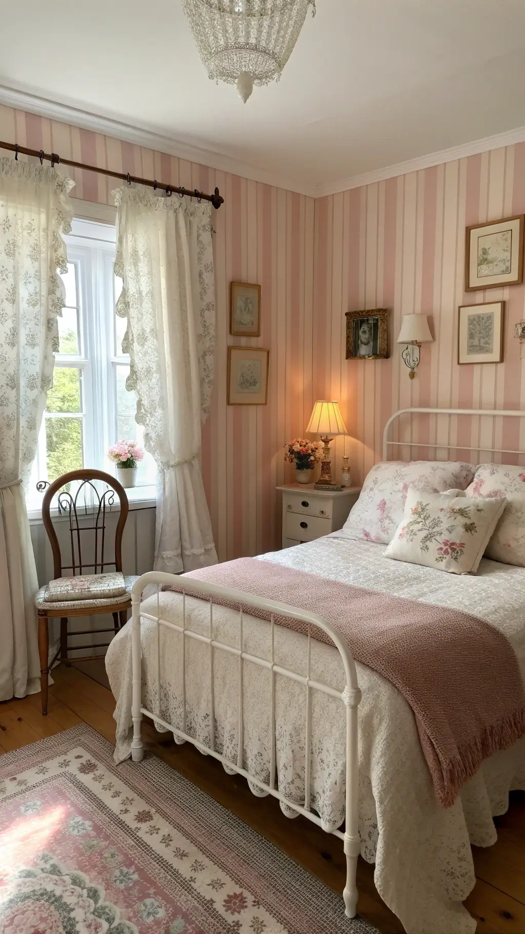 2321pink striped cottage bedroom