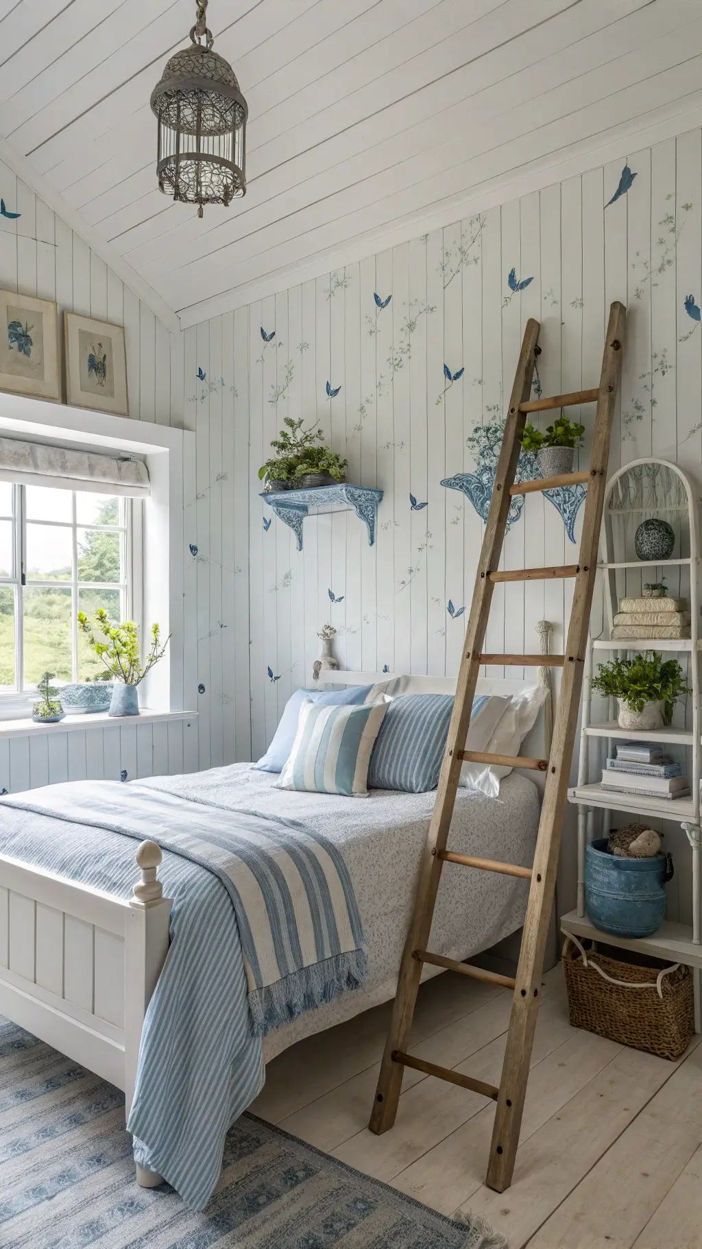 2324cottage bedroom blue bird wallpaper swedish style