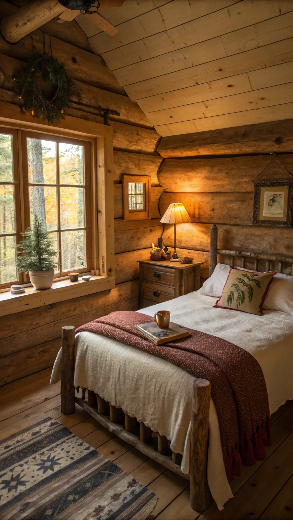 2333cozy cabin bedroom golden hour