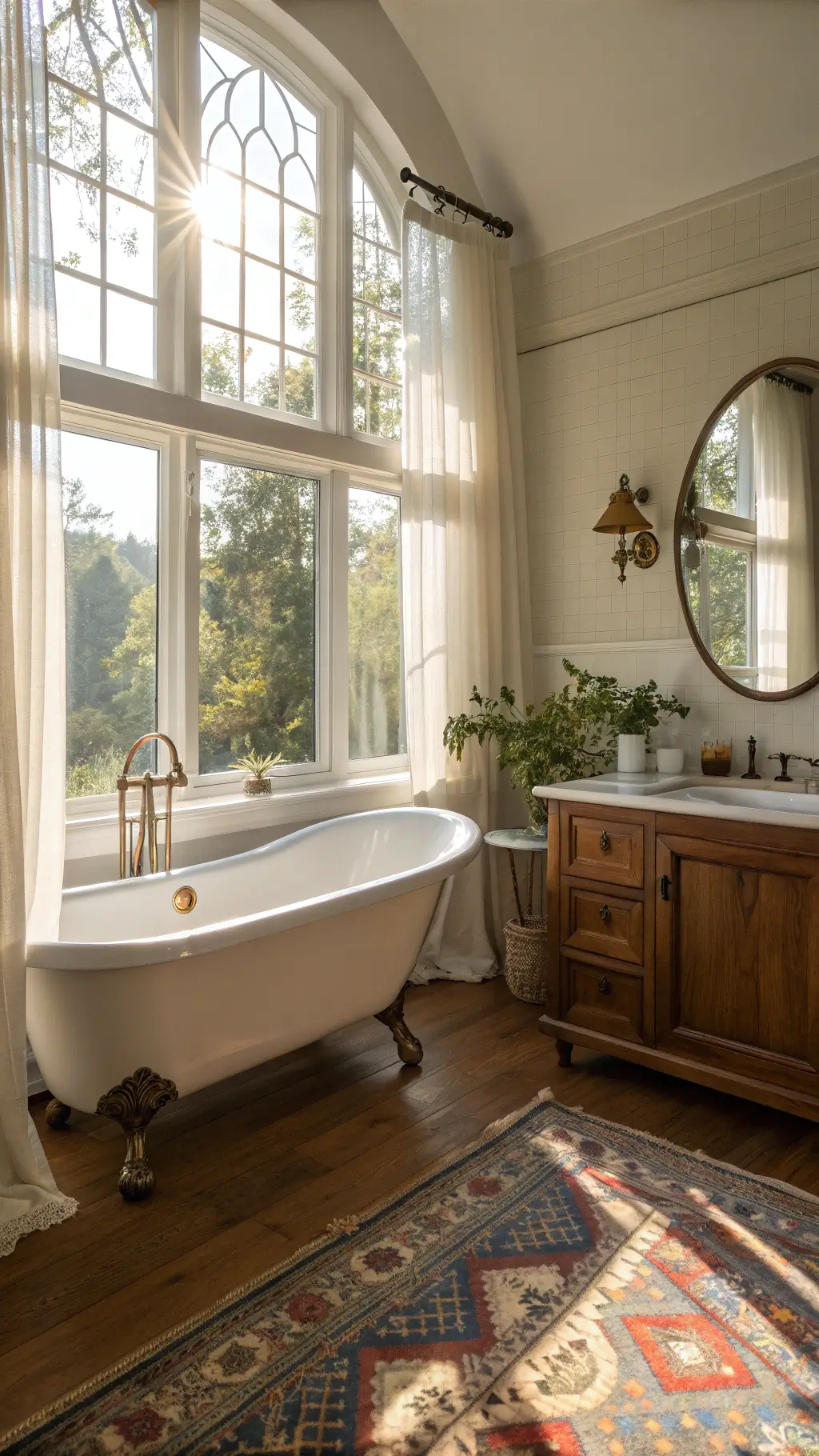 Sunny vintage-inspired bathroom interior featuring a white clawfoot tub, a walnut vanity with a copper sink, herringbone subway tiles, a Persian rug, and decorative eucalyptus and apothecary jars, shot from the doorway