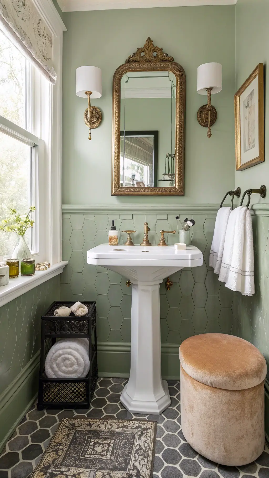 Elegant Victorian-style bathroom with sage green walls, marble floor, pedestal sink, and antique gold mirror, featuring modern black sconces, open shelving, vintage glass bottles, and a dusty rose ottoman.
