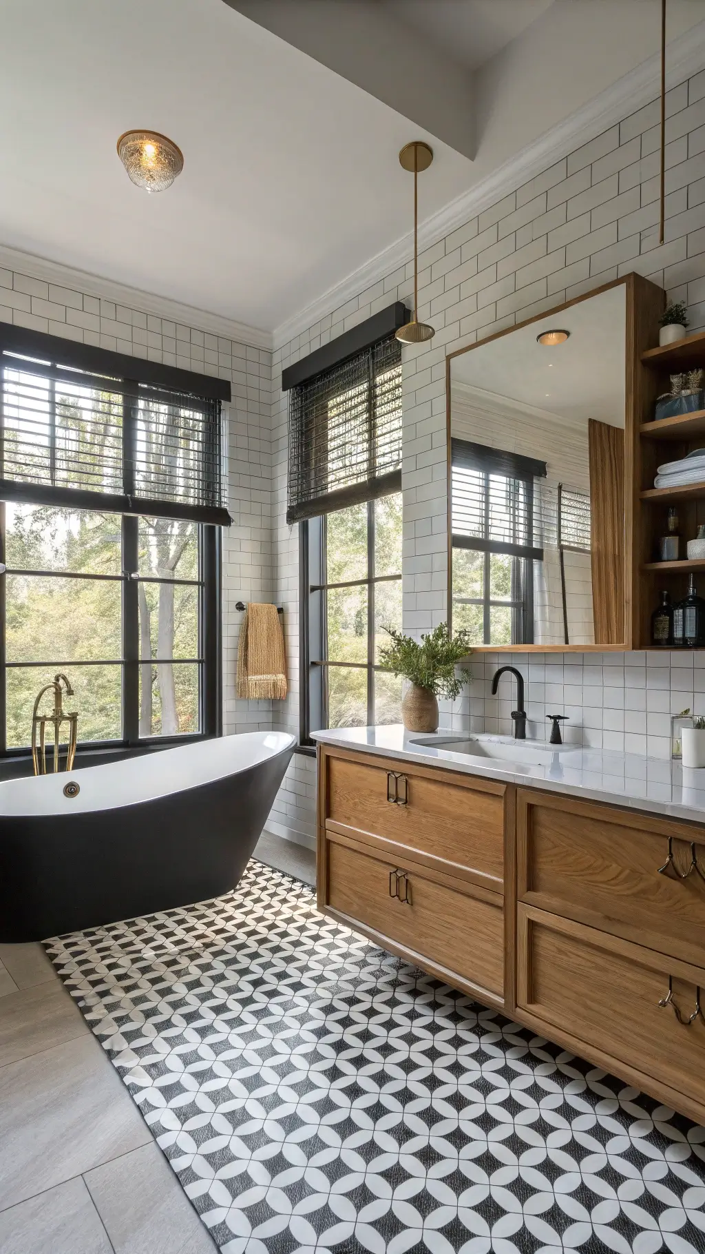 Vintage modern bathroom with black and white checkered floor, warm oak vanity, matte black tub, bamboo blinds, brass showerhead, open shelving, and Turkish kilim rug