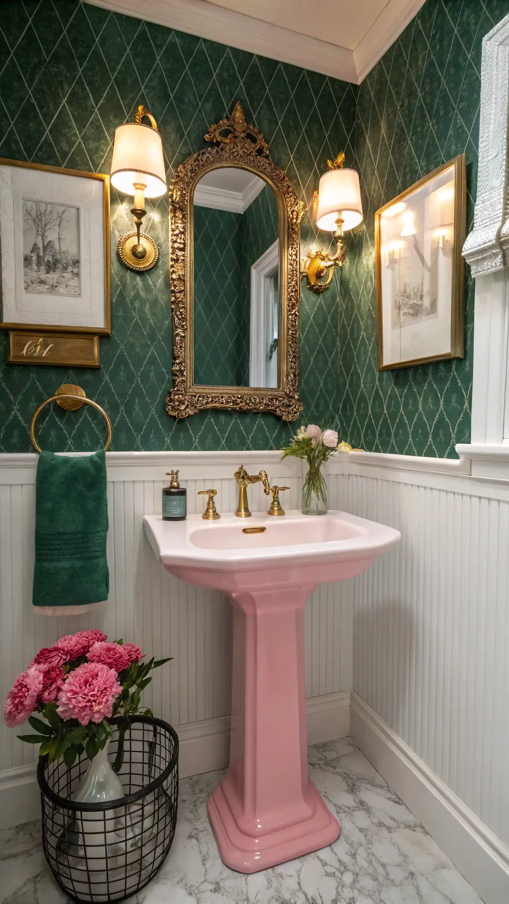 Emerald green grasscloth wallpaper in vintage styled powder room with pink 1950s sink, gold-framed mirrors, brass sconces, and marble-topped console with crystal decanters and peonies.