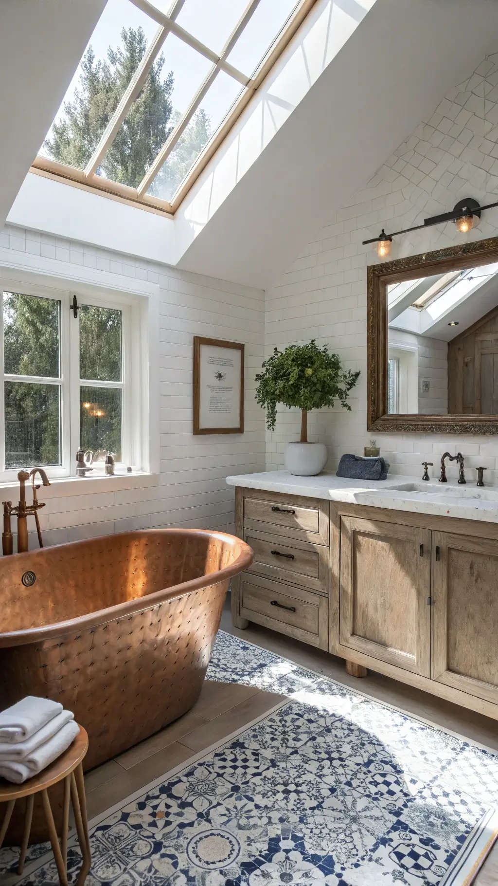 Sunlit master bathroom with vintage copper tub, Moroccan tiles, white oak floors, double vanity with vessel sinks, and antique French storage cabinets, featuring potted plants and natural light from a skylight