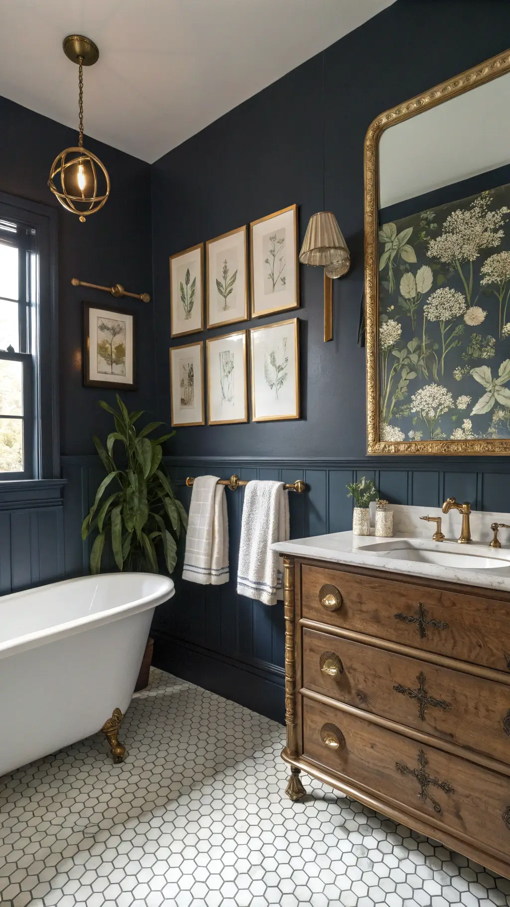 Vintage modern bathroom with midnight blue walls, brass picture rail displaying botanical prints, restored charcoal cast iron tub, white hexagonal tiles, rectangular sink on vintage dresser-vanity, large round mirror, Edison bulb lights, and ivory and navy Turkish towels on heated brass rails