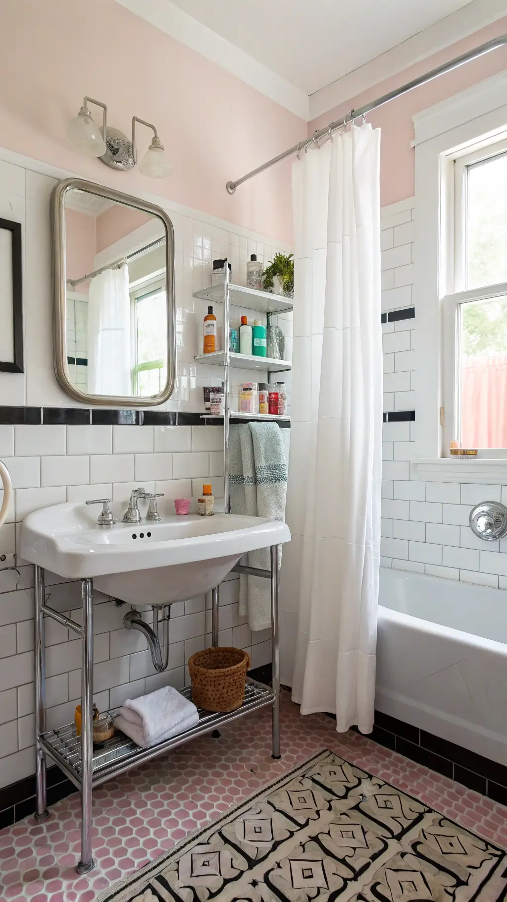 Bright bathroom with original 1940s pink and black tiles, matte white fixtures, vintage console sink, frameless oval mirror, cafe curtains, open shelving with vintage bottles and ceramic vessels, geometric black and white shower curtain, and a sheepskin rug.