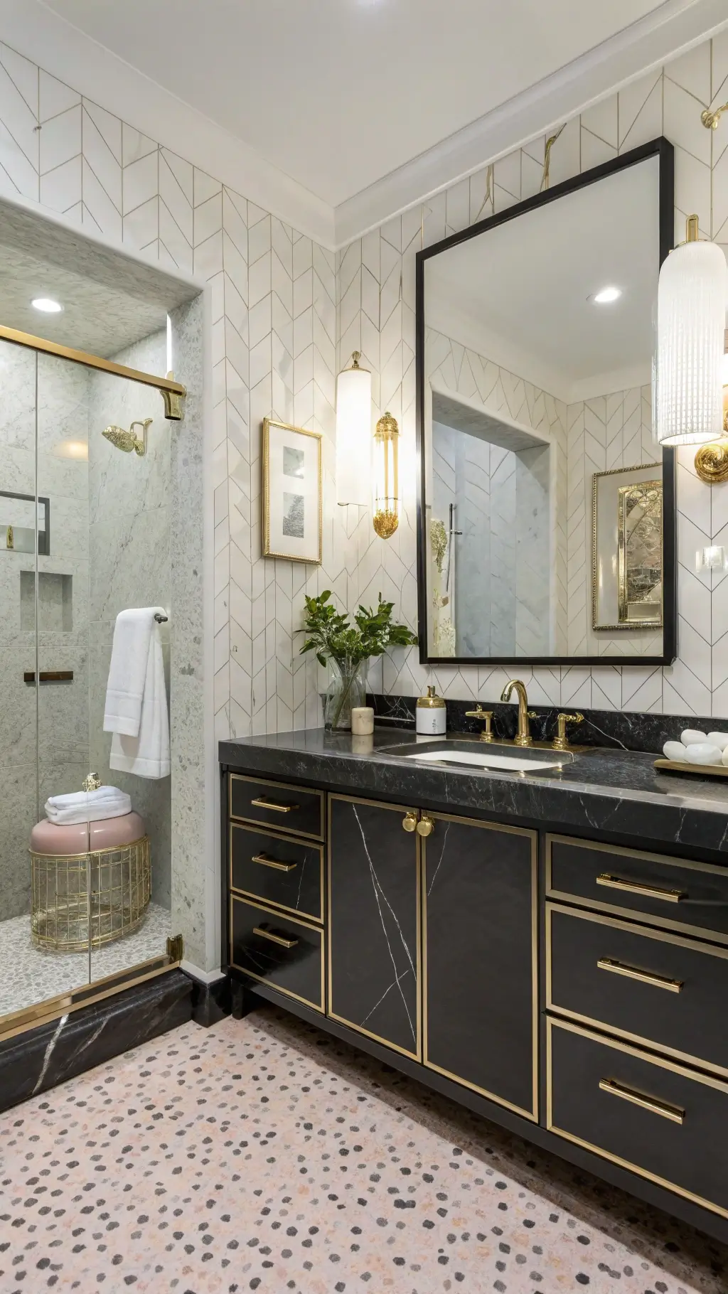 Art deco-inspired bathroom with black marble vanity, terrazzo flooring, white walls with gold geometric accents, vintage Venetian mirror, brass sconces, white subway tile shower, and a vintage lucite stool with folded towels and ivy plant.
