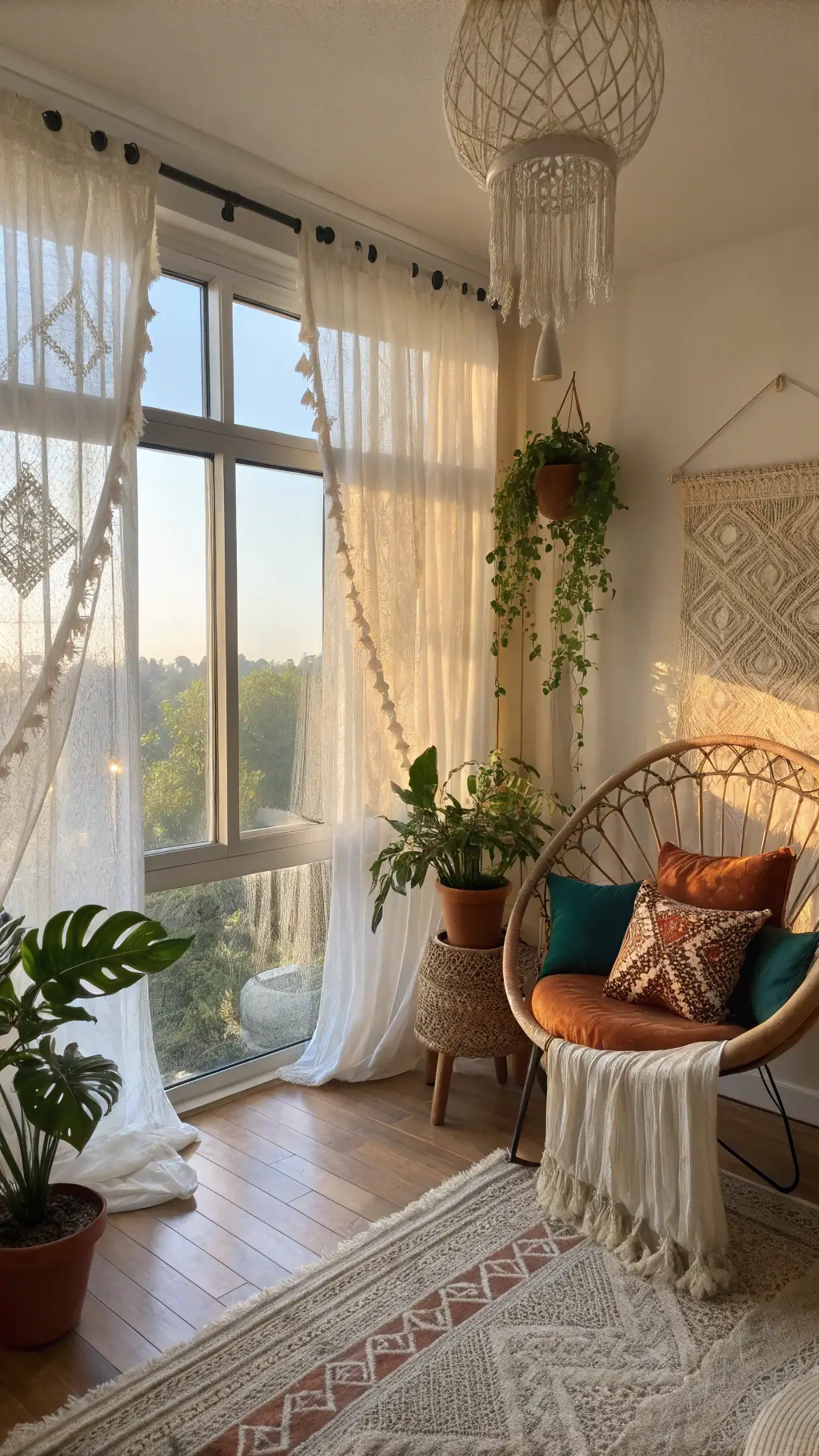 2349bohemian living room golden hour macrame curtains