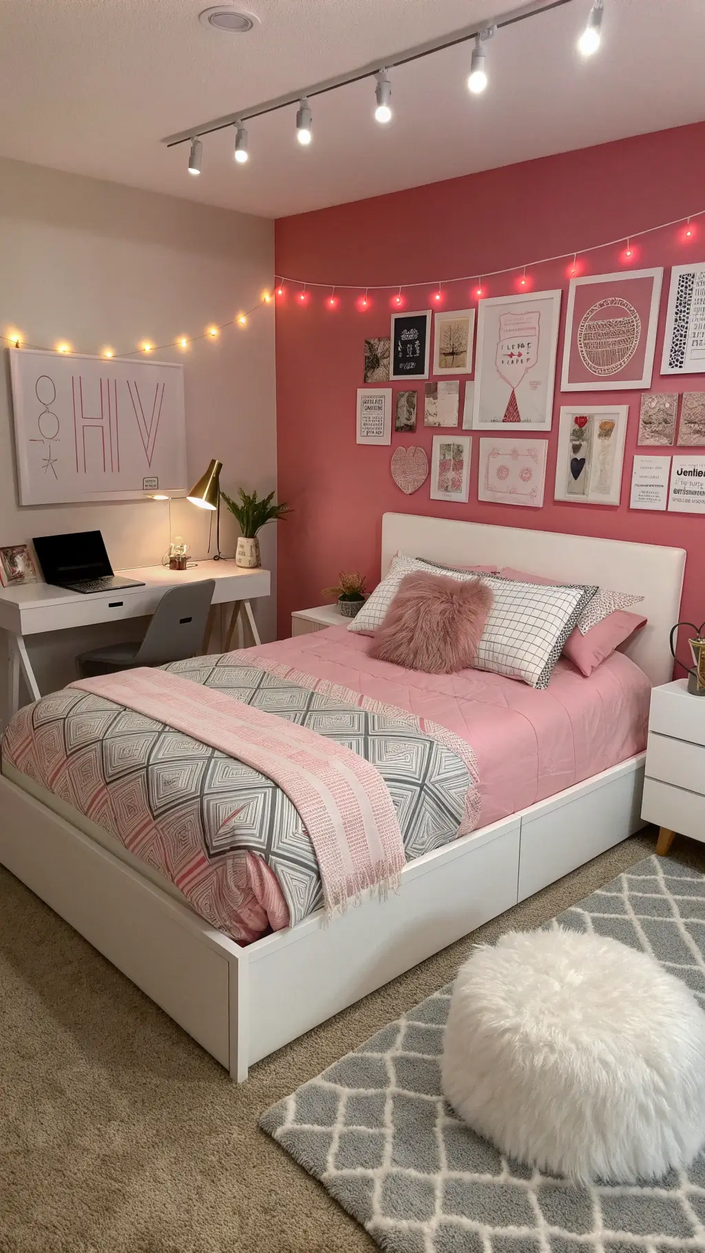 Instagram-worthy contemporary teen bedroom featuring hot pink accent wall, white platform bed with pink and grey geometric bedding, rose gold desk accessories, and personality-driven decor.