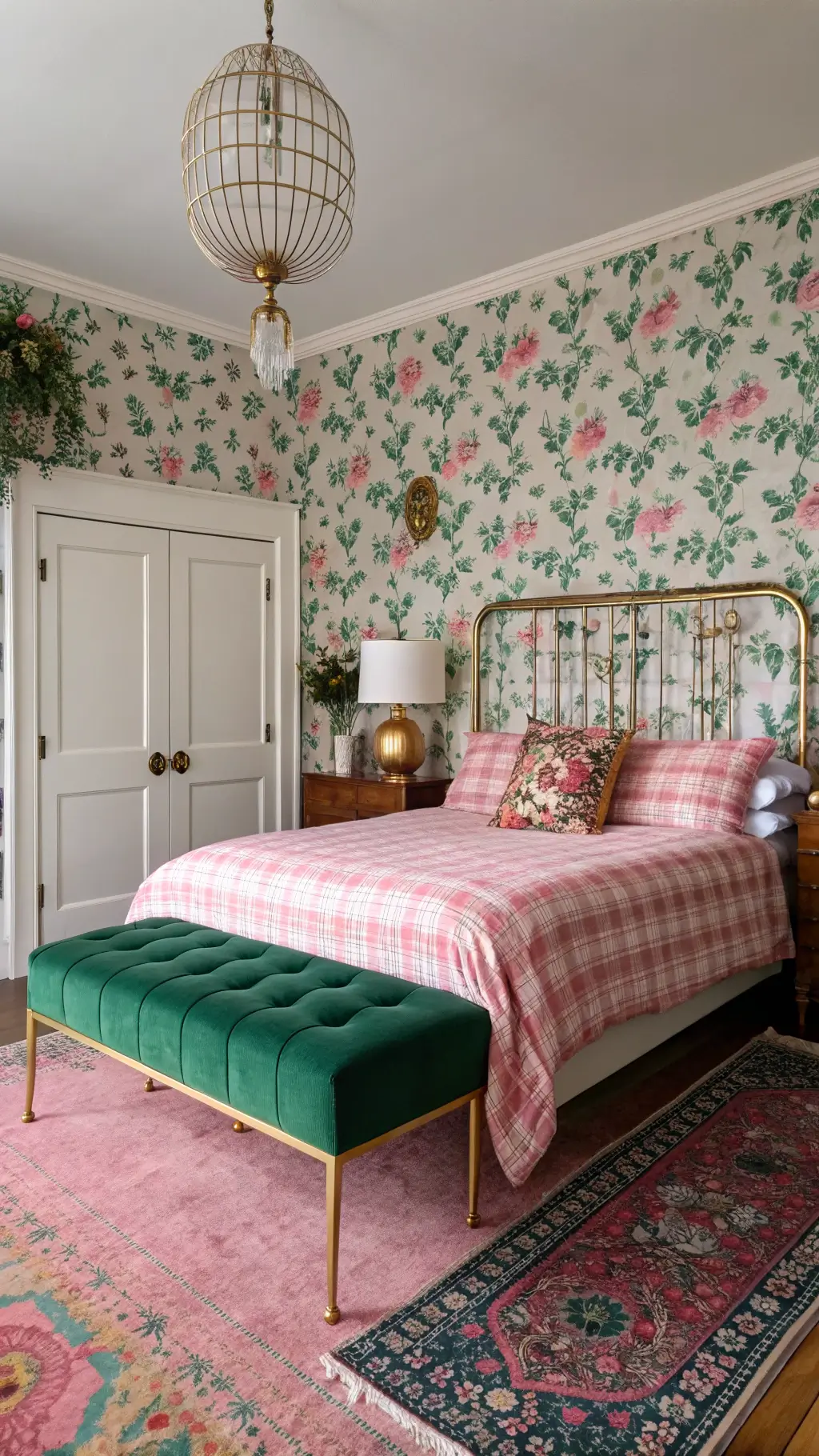2364eclectic maximalist bedroom pink green patterns