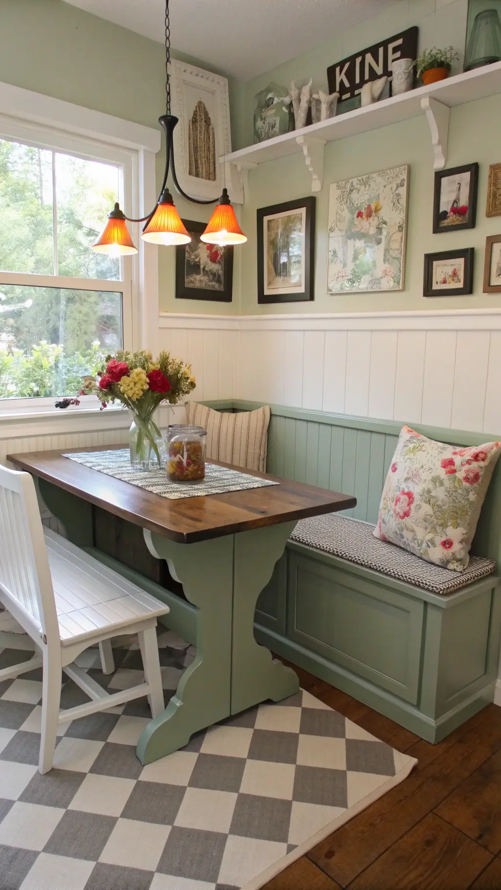 Cozy, budget-friendly breakfast nook featuring sage green vintage pew, mismatched throw pillows, reclaimed wood table, gallery wall with flea market finds, mason jar lights, DIY floor cloth, and charming tin can wildflower centerpiece.