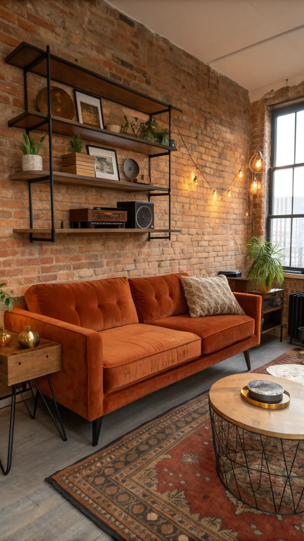 2379eclectic small living room sunset burnt orange sofa