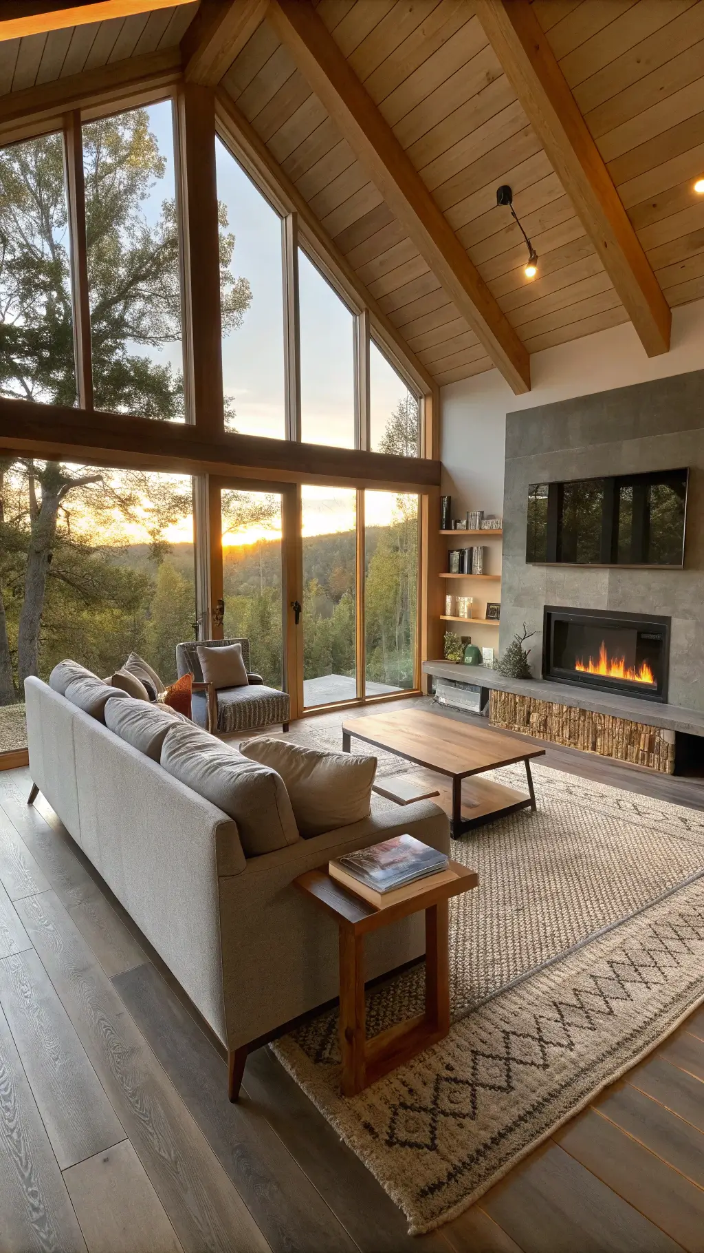 2381modern cabin living room golden hour