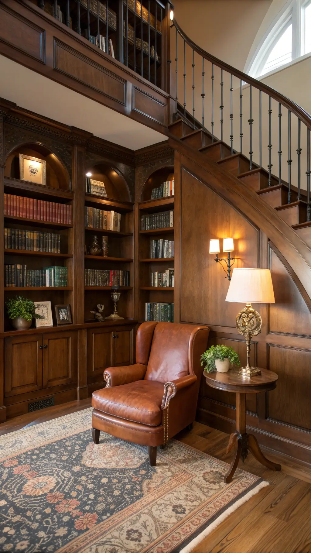 2391elegant library nook under staircase