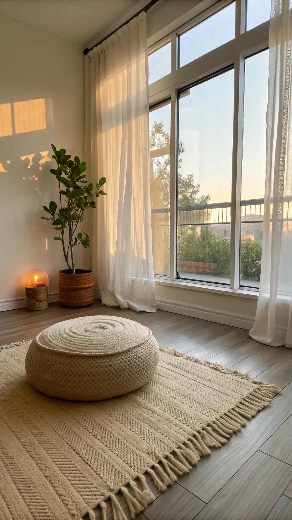 Minimalist meditation corner in a sunlit apartment with an east-facing window, meditation cushion, wool rug, wooden shelf with a Himalayan salt lamp and a pothos plant, styled in warm whites, soft grays and natural wood tones.