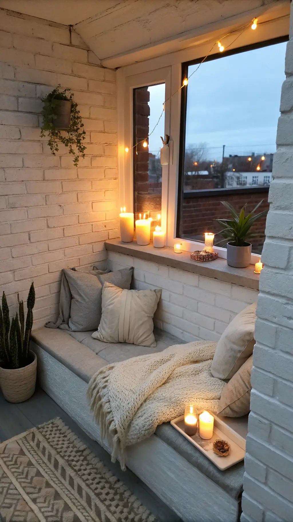 Cozy meditation nook with gray exposed brick, oatmeal linen floor cushion, cream wool throw, flameless candles on oak shelf, incense holder, roman shades, and snake plant in white planter during blue hour