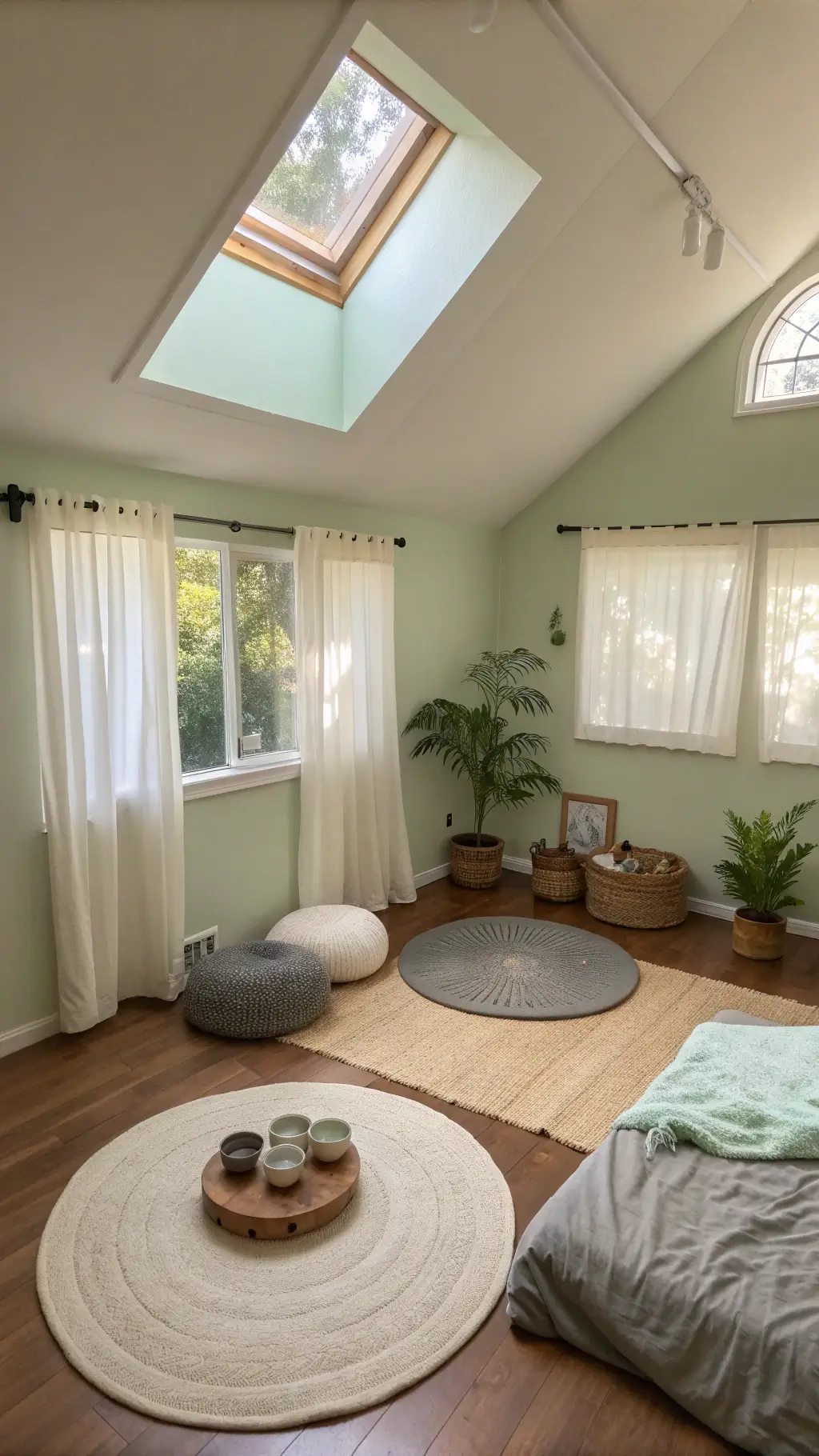 Aerial view of a serene meditation room with vaulted ceiling, skylight, large circular mat, linen floor cushions, singing bowls, crystals, bamboo water fountain, and fiddle leaf fig tree in a basket.