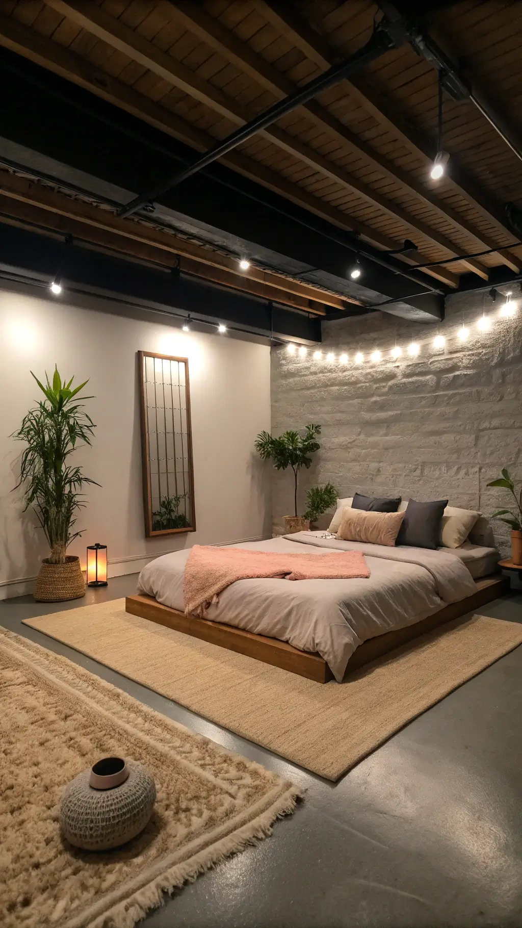 Meditation sanctuary in a basement with a platform bed, sheepskin rug, floor pillows, LED strip lighting, and air plants in concrete planters